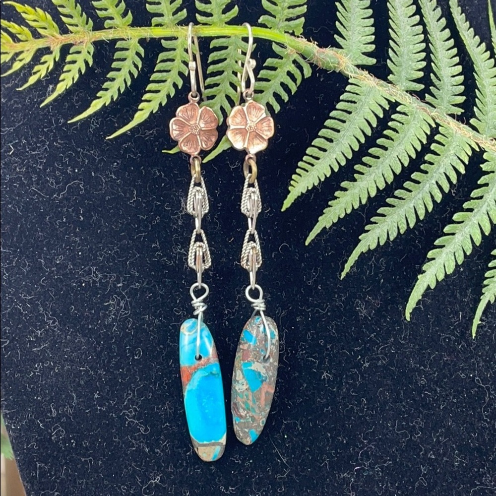 Turquoise and Copper Drop Earrings with Floral Accents